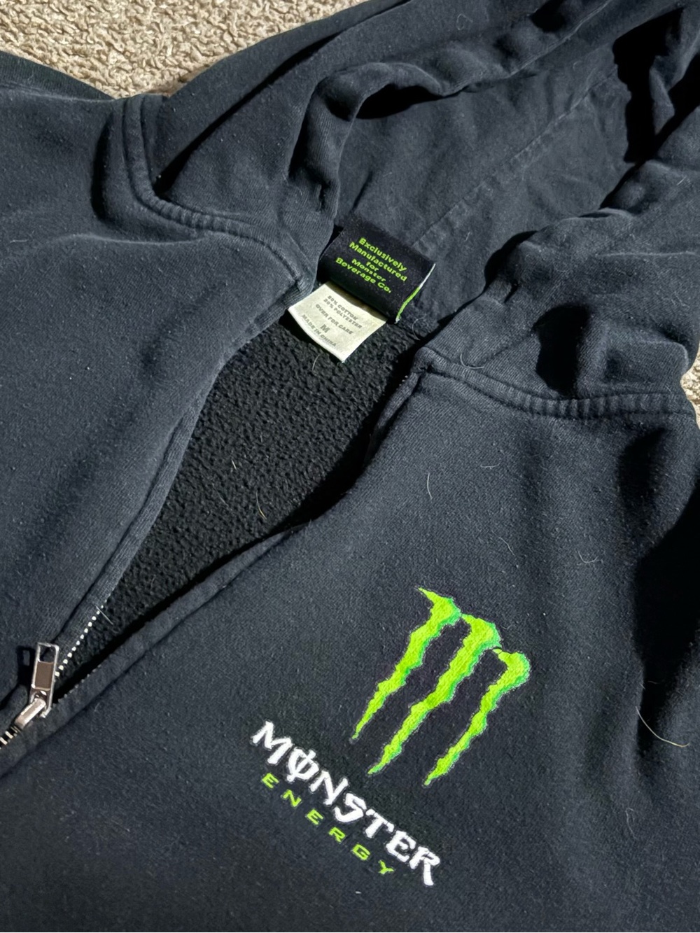Monster Energy Men’s Black Zip-Up Hoodie with Green Logo